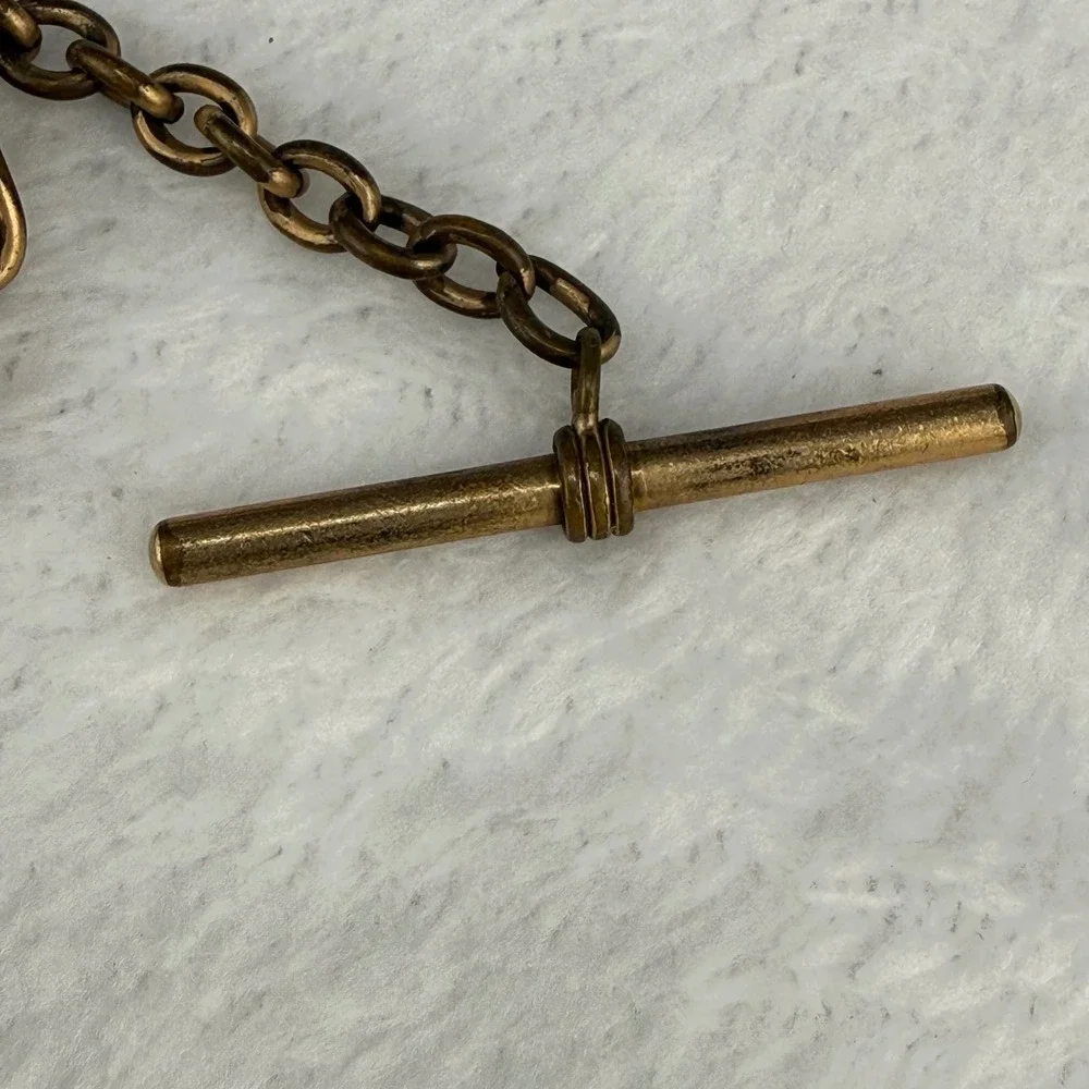 Vintage Jr OUAM Pocket Watch Chain Gold Tone Enamel Fob T-Bar Mechanics 14in